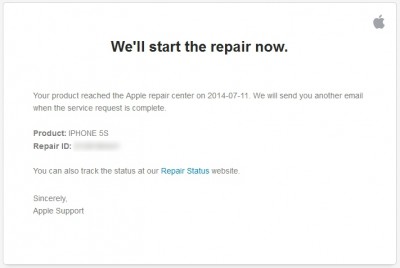 今から修理をはじめます。 アップルリペアセンターにあなたのiPhoneが届きました。 修理が終わったら、またメールしますね。 